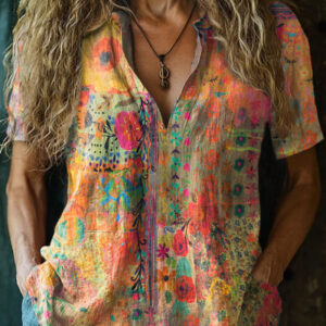 Cross Border New 3D Printed Top Women's Loose V-neck Short Sleeve Top