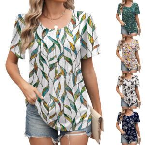 New Springsummer Womens Loose-fitting Short-sleeve Crew-neck T-shirt With A Striped Design And Print